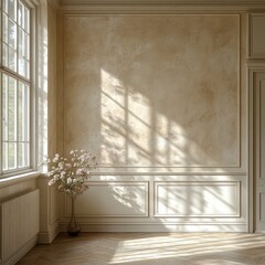 Beige Minimalist Wall with Shelf and Soft Natural Light for Product Display in Serene Atmosphere
