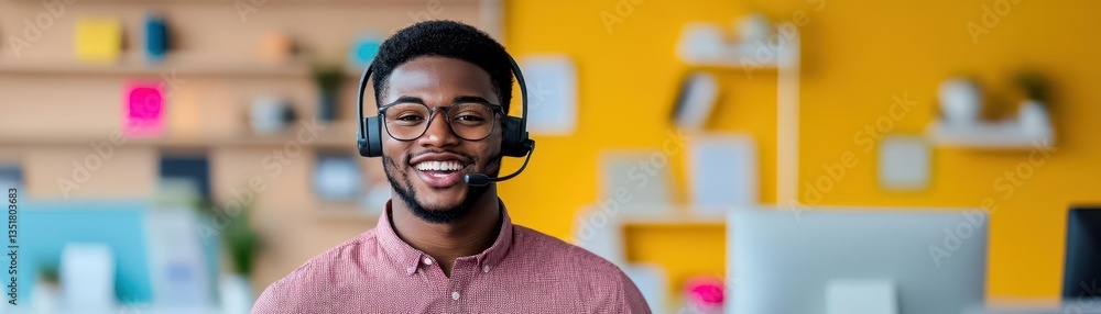 Poster smiling attractive black man wearing a headset engaged in a positive conversation in a modern office