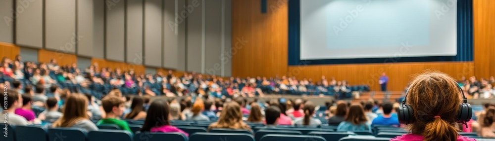 Aufkleber focused female attendee in lecture hall listening intently to speaker while engaging with educationa