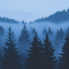 Fototapeta premium Misty forest landscape at dawn with tall evergreen trees shrouded in fog and a serene blue atmosphere