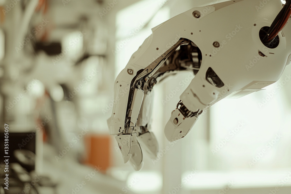 Poster a close up view of a white robotic hand with visible mechanical parts in a blurred background