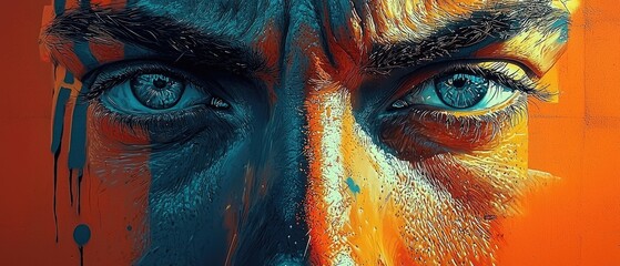 Intense close-up of a man's face, painted in vibrant teal and orange hues, showcasing expressive eyes and furrowed brows