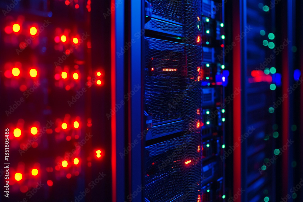 Poster close up view of server racks with blinking lights in a data center with red and blue lighting