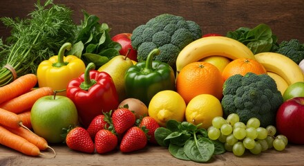 Colorful assortment of fresh fruits and vegetables displayed 