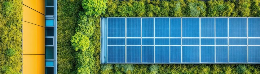 Ecofriendly building featuring a solar panel system installed on the rooftop to harness renewable energy sources
