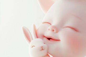 A cute 3D rendered baby's face gently nuzzles a fluffy white bunny.