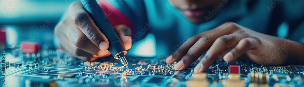 Poster Electronics engineer concentrating on a circuit board design with tools and components in a modern workspace