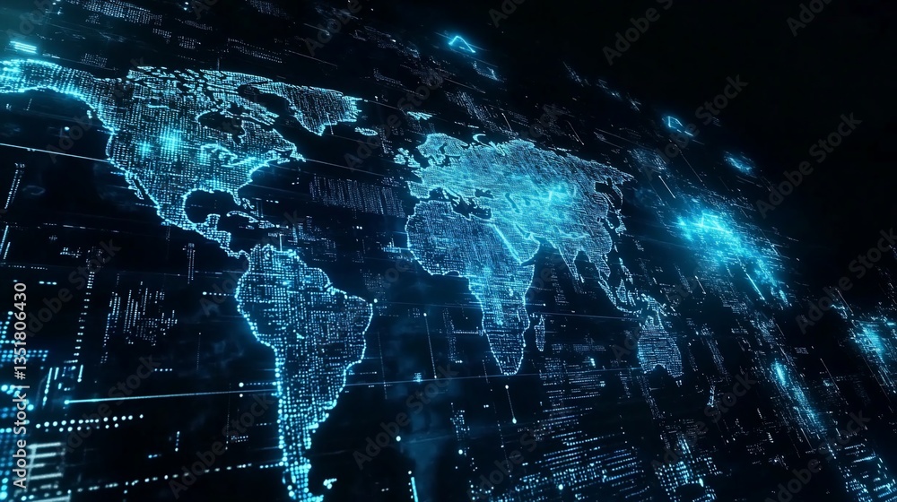 Poster digital world map technology concept with glowing blue connections and data points