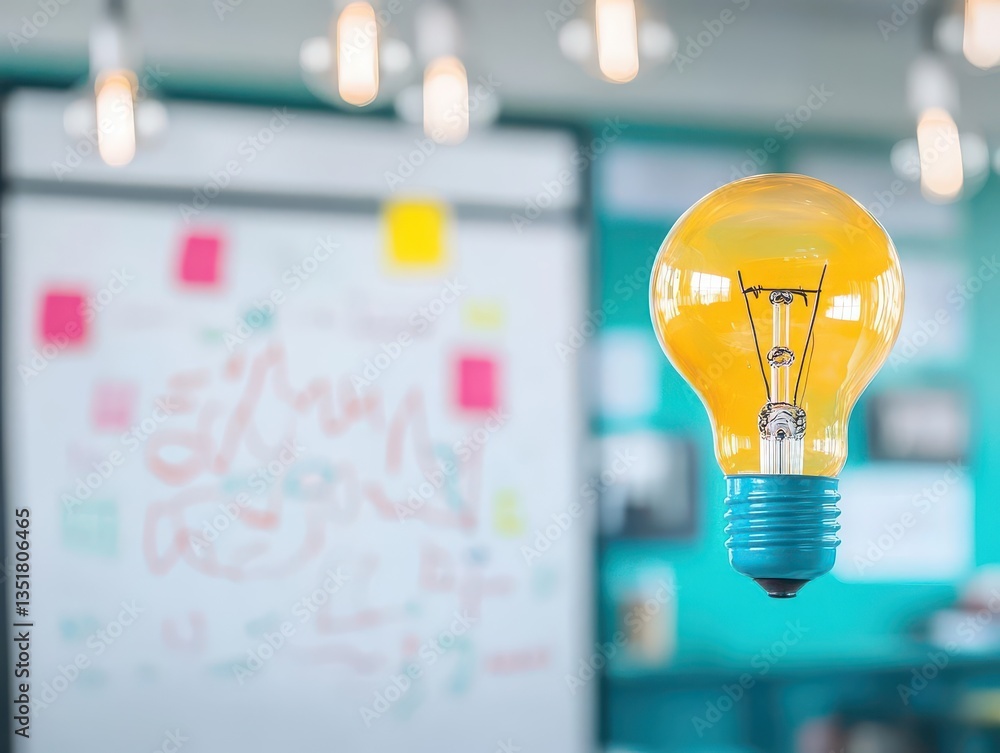 Poster a light bulb hanging from the ceiling illuminating ideas for entrepreneurs and innovators in a creat