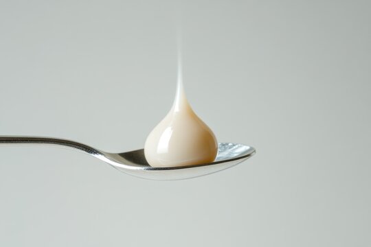 A single drop of creamy liquid elegantly rests on a silver spoon against a muted background.