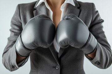Businessperson wearing boxing gloves, symbolizing competitive spirit and readiness for challenges in the corporate world.