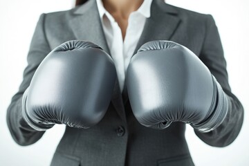 Businesswoman wearing boxing gloves, symbolizing competition and fighting for success in the corporate world.