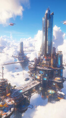 Fototapeta premium Futuristic city floating above the clouds