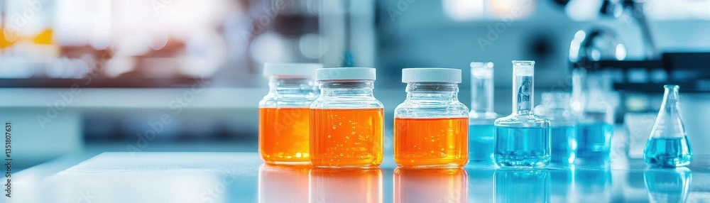 Poster laboratory table filled with test tubes and vials in a professional industrial workspace for scienti