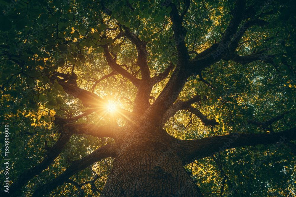 Aufkleber worm's eye view of a large tree with sunlight streaming through the leaves and branches in the fores