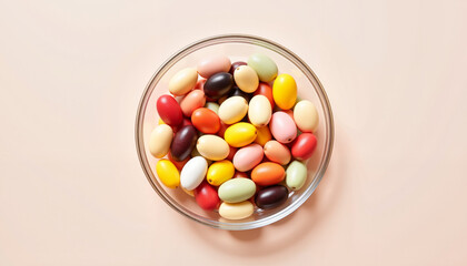 Obraz premium Colorful jellybeans in clear bowl on minimalist background, inviting treat