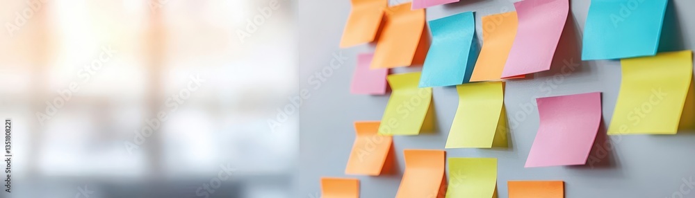 Poster colorful sticky notes organized on a wall in a collaborative it project team scrum setting