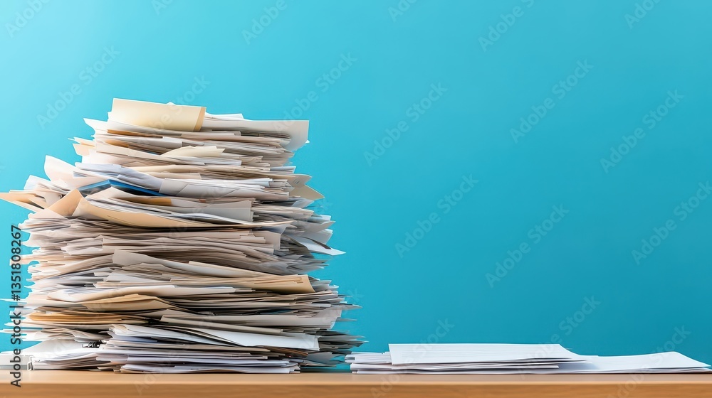 Poster A disorganized stack of papers on an office desk creating a chaotic work environment