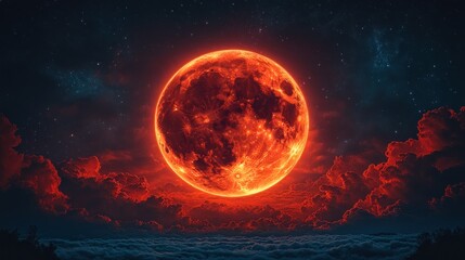 Red moon rising above clouds, starry night sky backdrop, fantasy scene