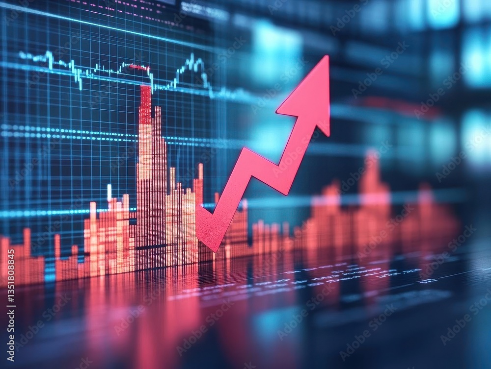 Poster red arrow pointing upward over stock chart representing market growth and financial success in busin