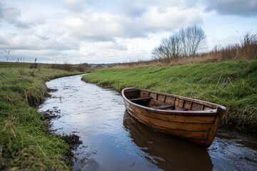 Obraz premium Wooden Boat on Serene Riverbank Surrounded by Lush Greenery