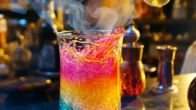 Colorful bubbling potion in a laboratory setting with smoke and glowing background elements