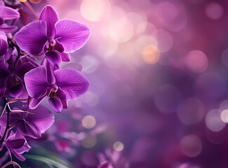 Naklejka premium Beautiful purple orchid flowers in nature, with a blurred background. Beautiful natural floral background with copy space. Springtime concept. Stock photo, photorealistic, high-resolution photography,