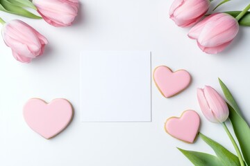 Pink tulips and heart shaped cookies surround a white card
