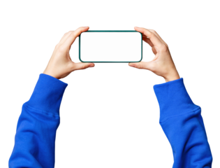 Isolated female hands on blue sleeves holding smart phone with blank screen