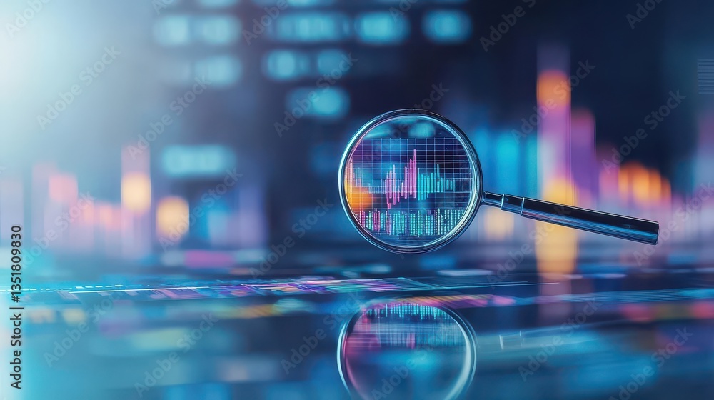 Poster Magnifying glass with a graph on it representing in-depth business data analysis and financial insights
