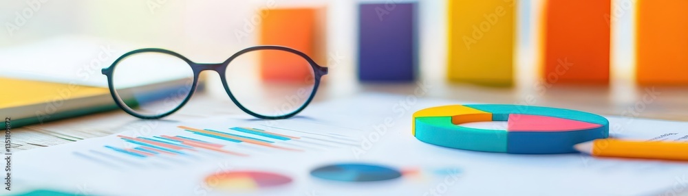 Poster A business table displaying a laptop, glasses, and a colorful pie chart representing data analysis for strategy development