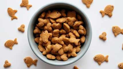 Bowl filled with Fish shaped Cat Food Biscuits Surrounded by Loose Pieces on a White Surface