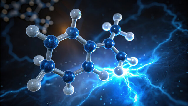Molecules represent interaction of nadh and atp in dynamic environment showcasing energy transfer and chemical reactions