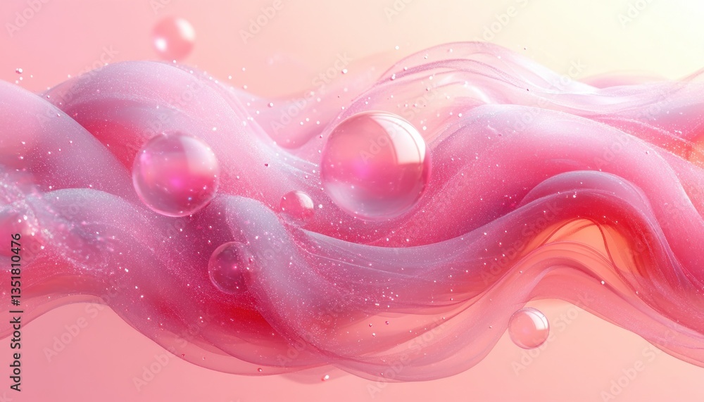 Aufkleber abstract fluid waves with glossy spheres in soft pastel colors for dynamic geometric liquid patterns