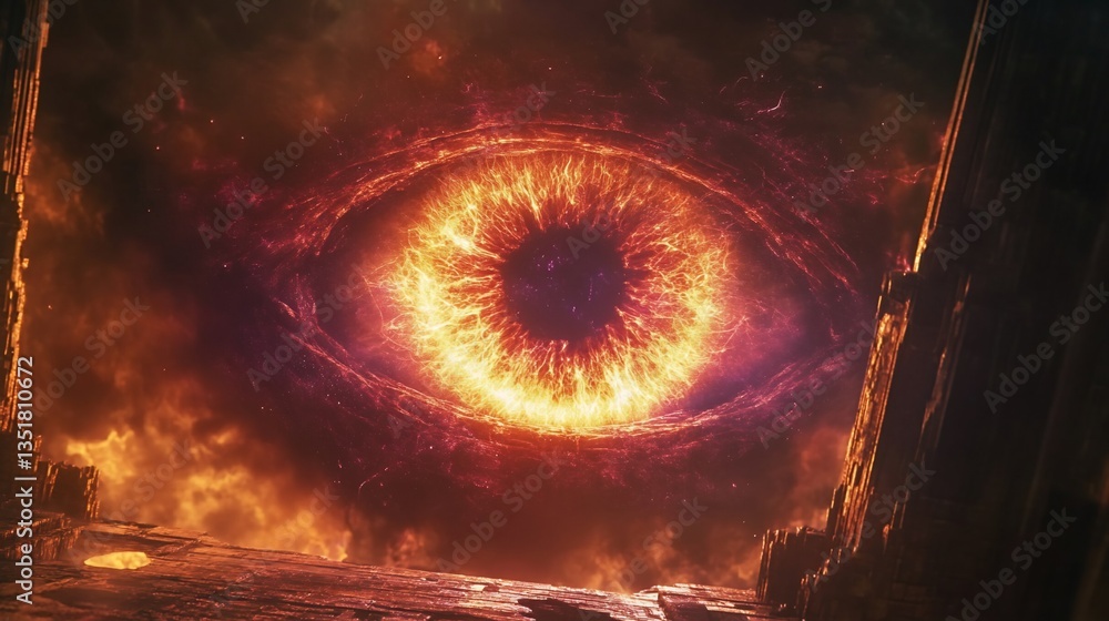 Poster fiery cosmic eye gazing from a distant planet with an imposing view