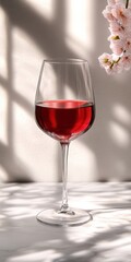 Elegant Glass of Red Wine with Cherry Blossom and Soft Shadow Play