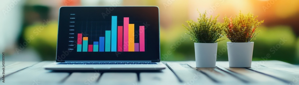 Poster Laptop displaying a detailed bar chart analyzing data trends for business insights and strategic planning