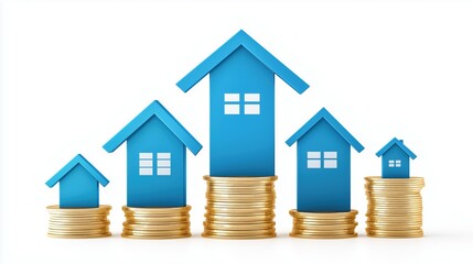 Blue House Models on Stacks of Gold Coins Representing Real Estate Growth and Investment Value