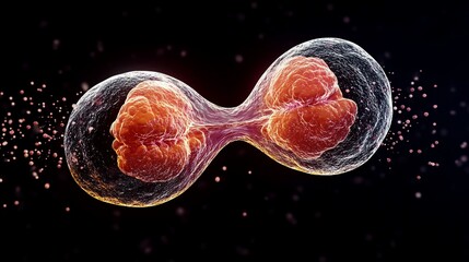 Close up image of a cell dividing showing the formation of two daughter cells