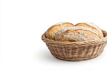 Golden brown crusty bread resting in a woven wicker basket, isolated on white.