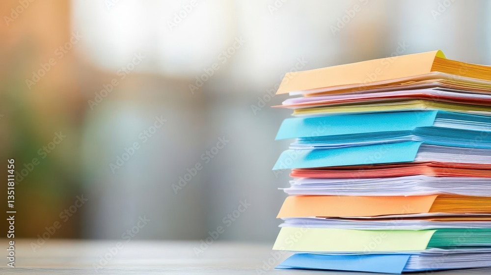 Poster Neatly stacked papers representing organization and documentation in a professional office workspace environment