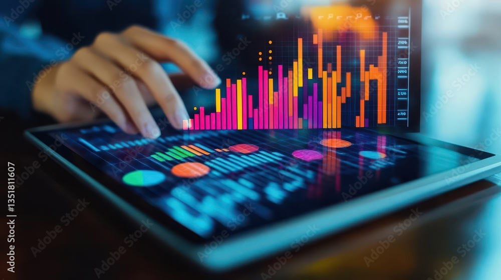 Poster Person engaging with tablet displaying chart for in-depth analysis of current economic trends and data