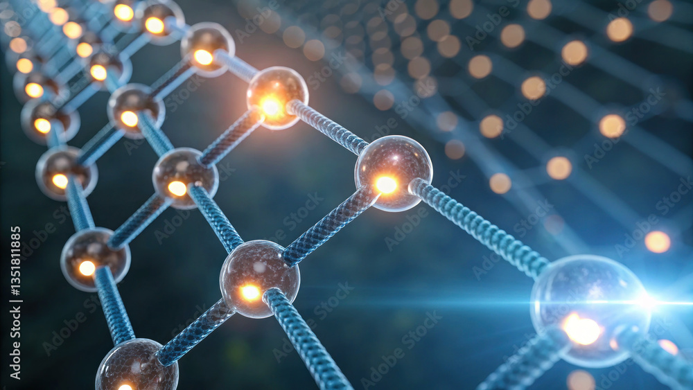 Poster structure of this showcases network of interconnected spheres representing atoms, illustrating conce