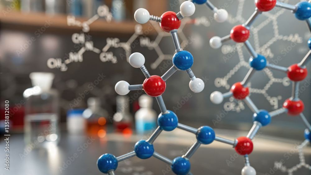 Poster molecular structure showcasing nadh and atp in laboratory setting with various chemical solutions in