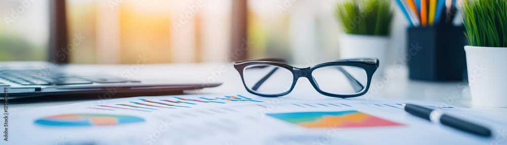 Aufkleber close-up view of a desk featuring a calculator, glasses, and a calculating pen for financial analysi