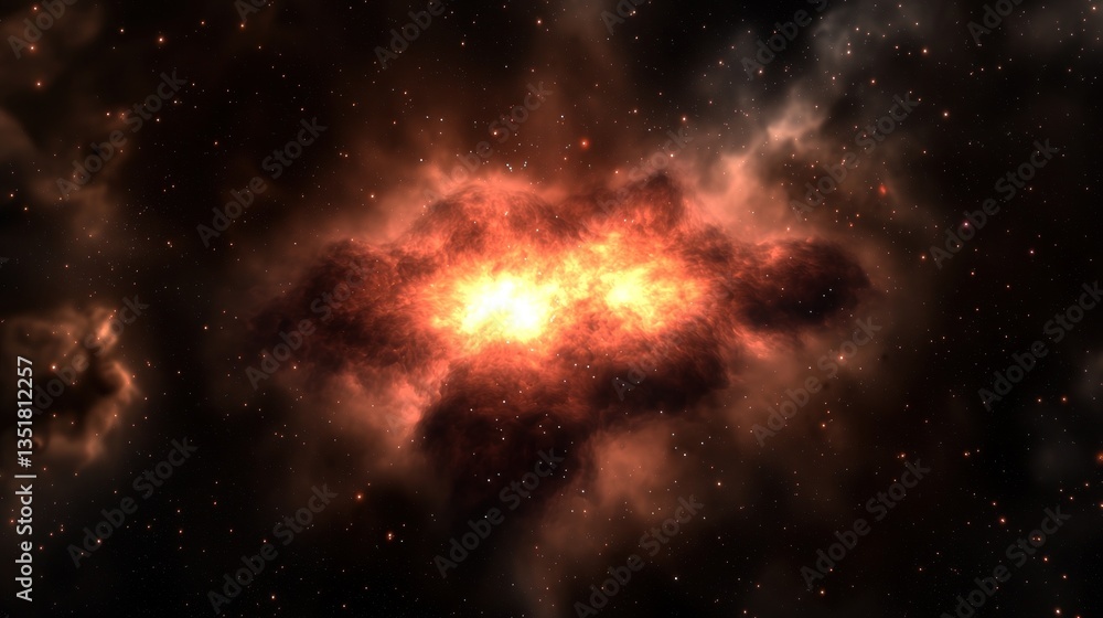 Poster explosive cosmic nebula illuminated by fiery orange and red gases in the vast universe