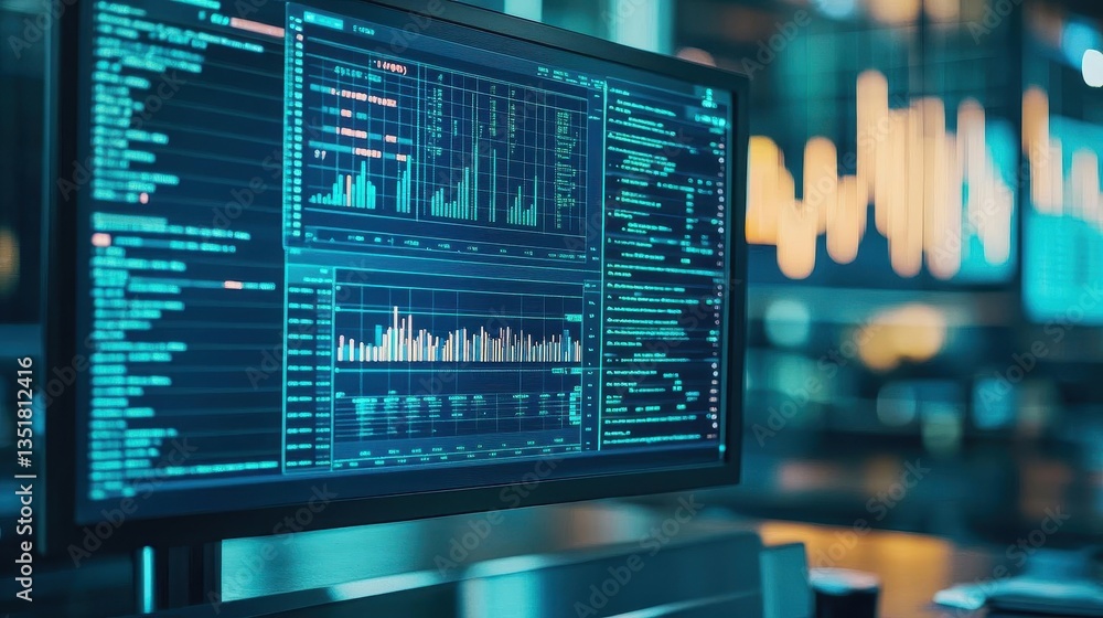 Poster Computer screen with chart displaying financial data trends for in-depth business analysis and reporting