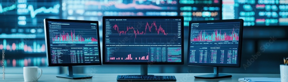 Poster Desktop computer and monitor set up on desk with stock market data displayed on screen for financial analysis