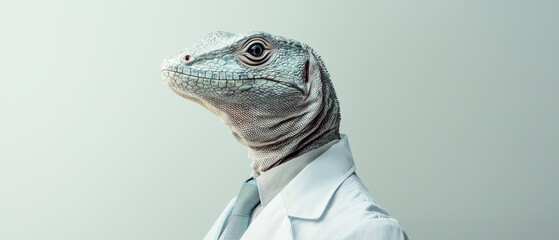 Monitor lizard pondering in pristine white coat against soft white background
