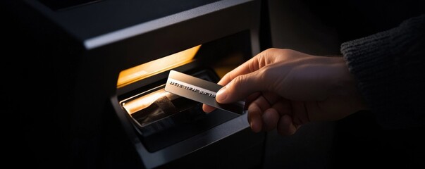 Hand using ATM to withdraw cash at night.
